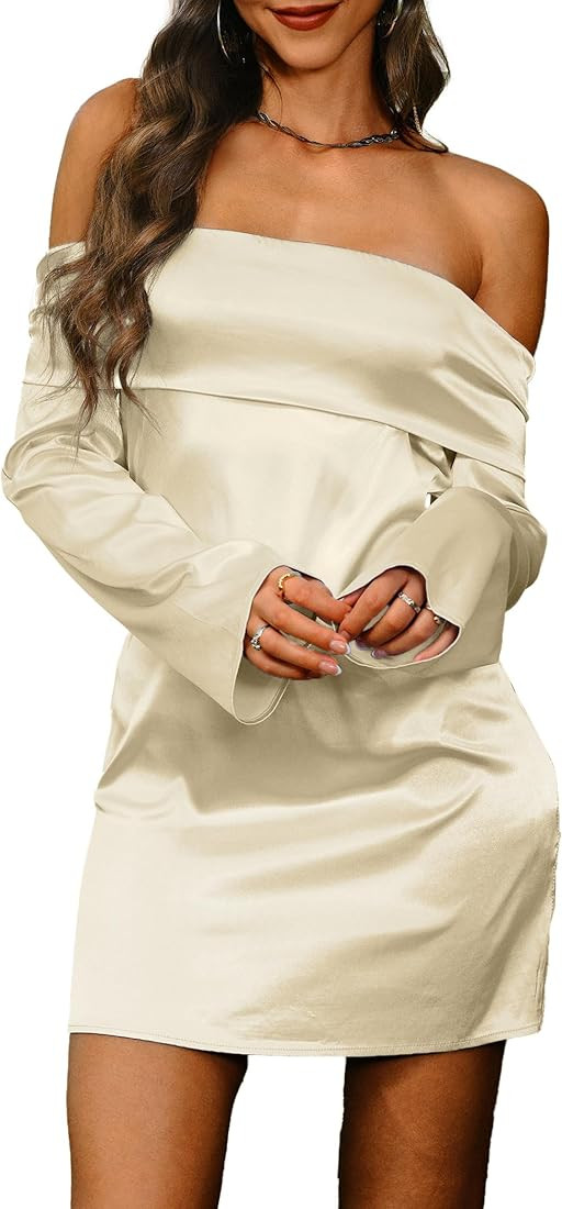 HYPERFIRE Women's Elegant Satin Off The Shoulder Long Sleeve Mini Dress Tie Back Wedding Cocktail... | Amazon (US)