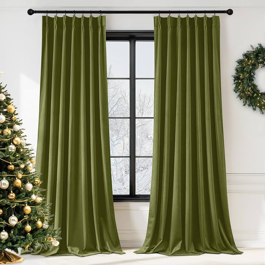 StangH Olive Green Pinch Pleat Velvet Curtains, Super Soft Room Darkening Bedroom Curtains with P... | Amazon (US)