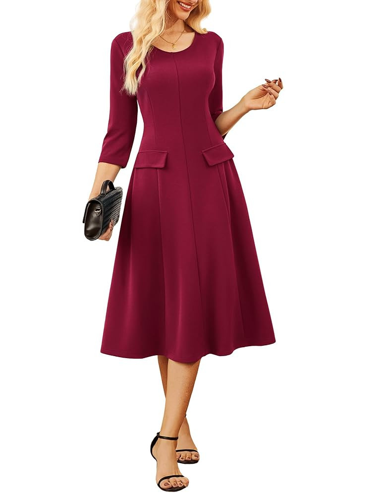 GRACE KARIN 2025 Wear to Work Dress for Women A Line Midi Fit 3/4 Sleeve Church Round Neck Busine... | Amazon (US)