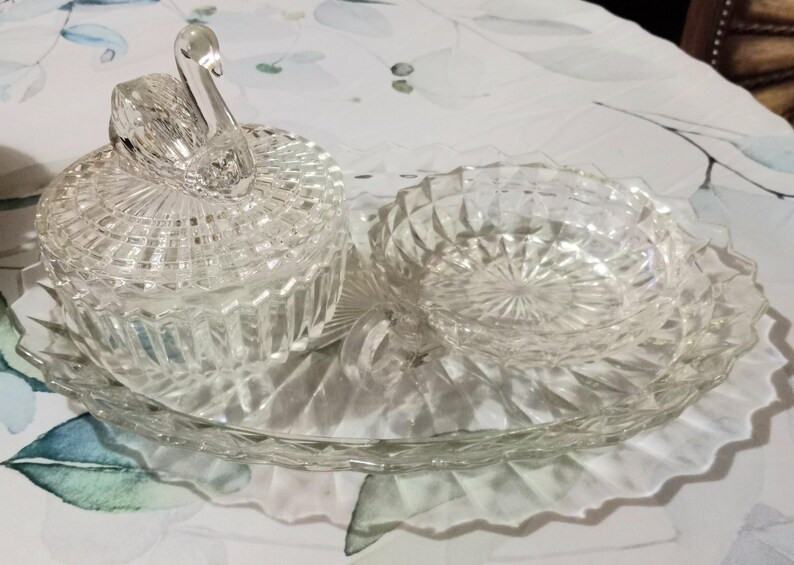 Vintage Vanity Tray 3 Piece Set Sparkling Clear Cut Glass Swan Lipstick Holder Powder Box, Handle... | Etsy (US)