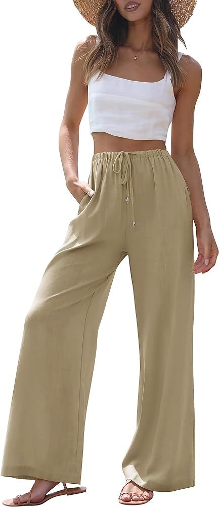 ZESICA Women's Summer Linen Wide Leg Flowy Palazzo Pants Casual High Waisted Loose Trousers with ... | Amazon (US)