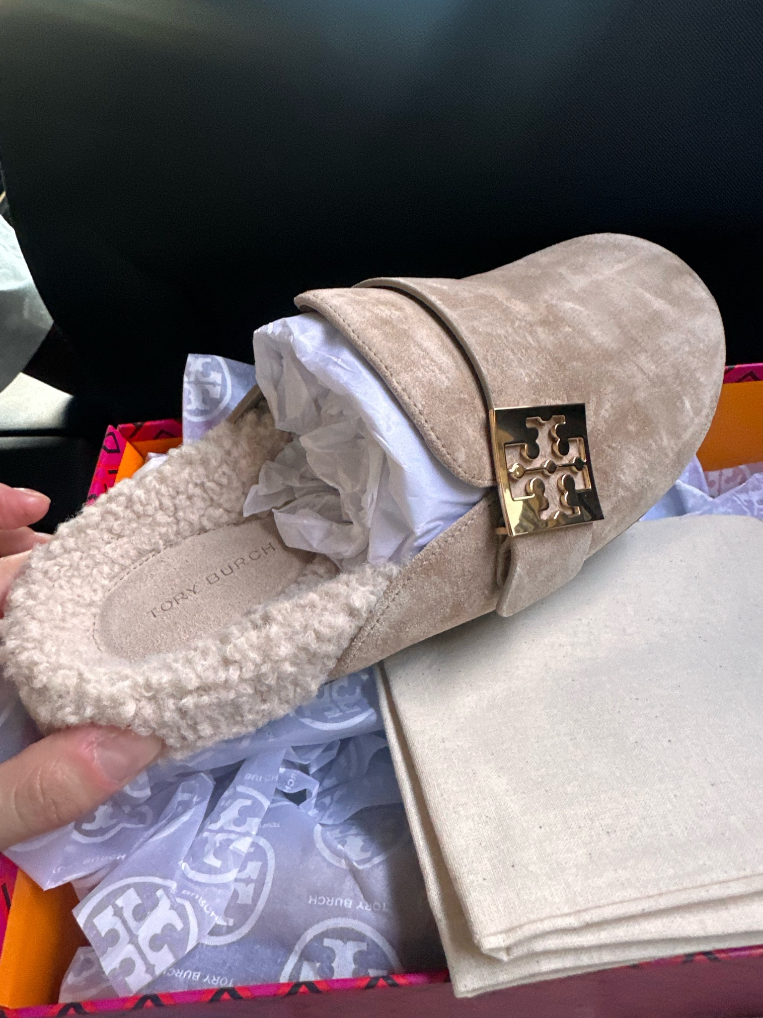 Found them!!!! I sized up half a size!
Tory birch shearling mule 