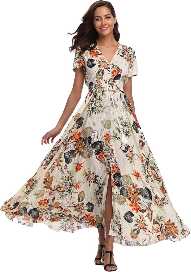 Ferrendo Women's Floral Maxi Dress Button Up Split Flowy Bohemian Party Beach Dresses | Amazon (US)
