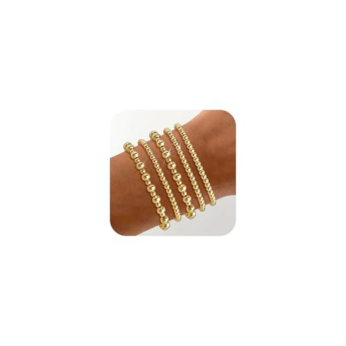 Wowshow Gold Bracelets for Women Strand Gold Beaded Bracelets Gold Bead Bracelets Ball 14K Gold Plated Bracelet Stack Set Adjustable Gold Jewelry for Women (7.25 Inch) | Amazon (US)