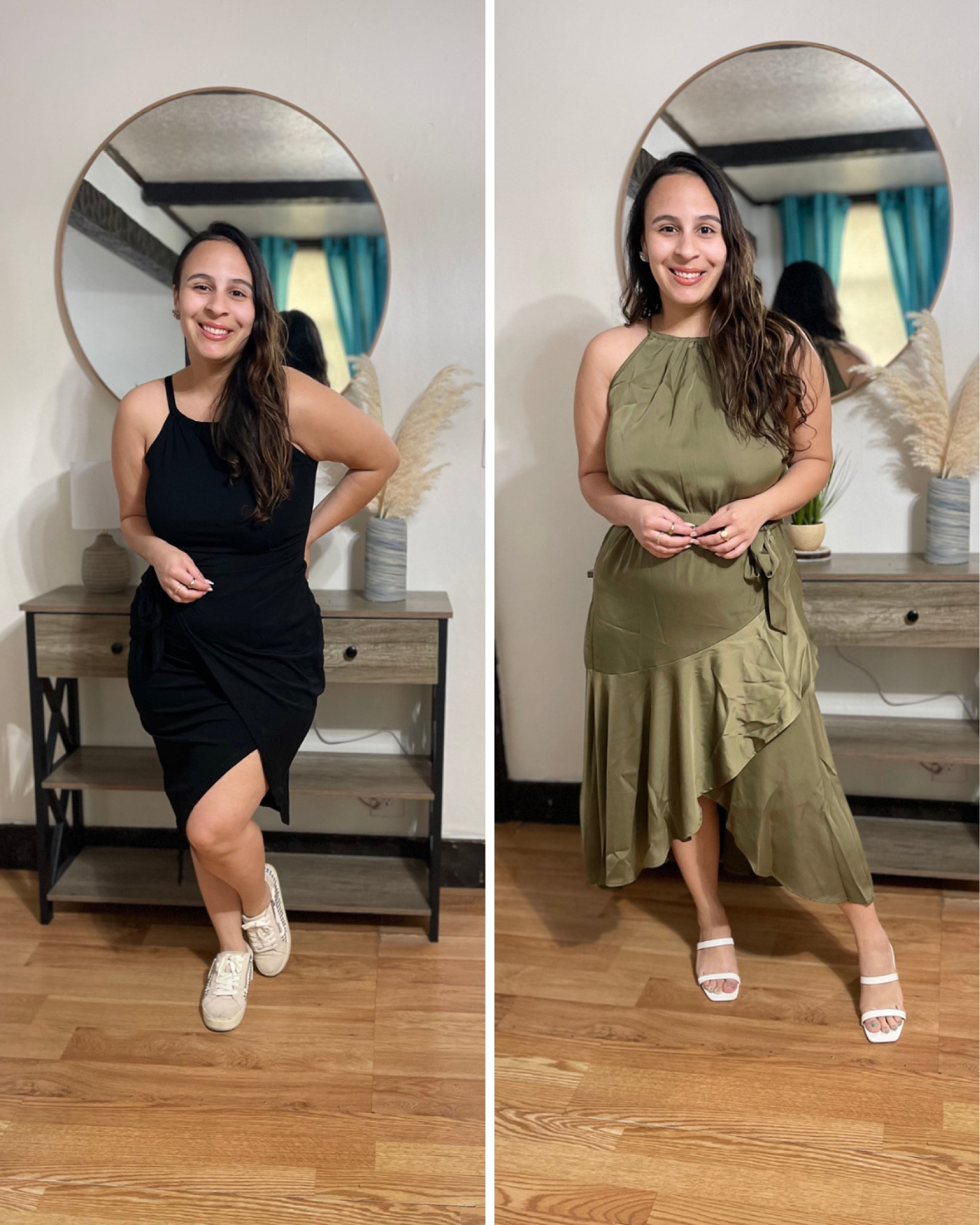 From daytime to nighttime 🤩 I am loving both of these dresses and guess what? They’re both from Amazon!! 

Black dress ideas: BBQ, casual date, day in the city, daytime sporting even (with sneakers and denim jacket) 
Green dress: Date night, graduation, graduation party, wedding guest dress

Wearing medium in the black as it has more of a stretch and a large in the green for that flowy look!

My shoes are both sold out but I linked similar ones for you guys 🫶🏼

#amazon #amazonfashion #stevemaddensneakers #primarkheels 

#LTKstyletip #LTKunder100 #LTKFind