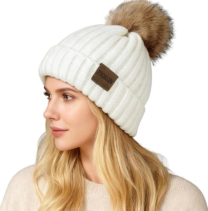 ZOORON Womens Winter Knitted Beanie Hat with Faux Fur Pom Beanie Warm Knit Skull Cap Beanie for W... | Amazon (US)