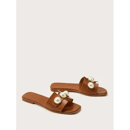 Women s PU Leather Pearl Sliders Brown EUR42(10.5) | Walmart (US)