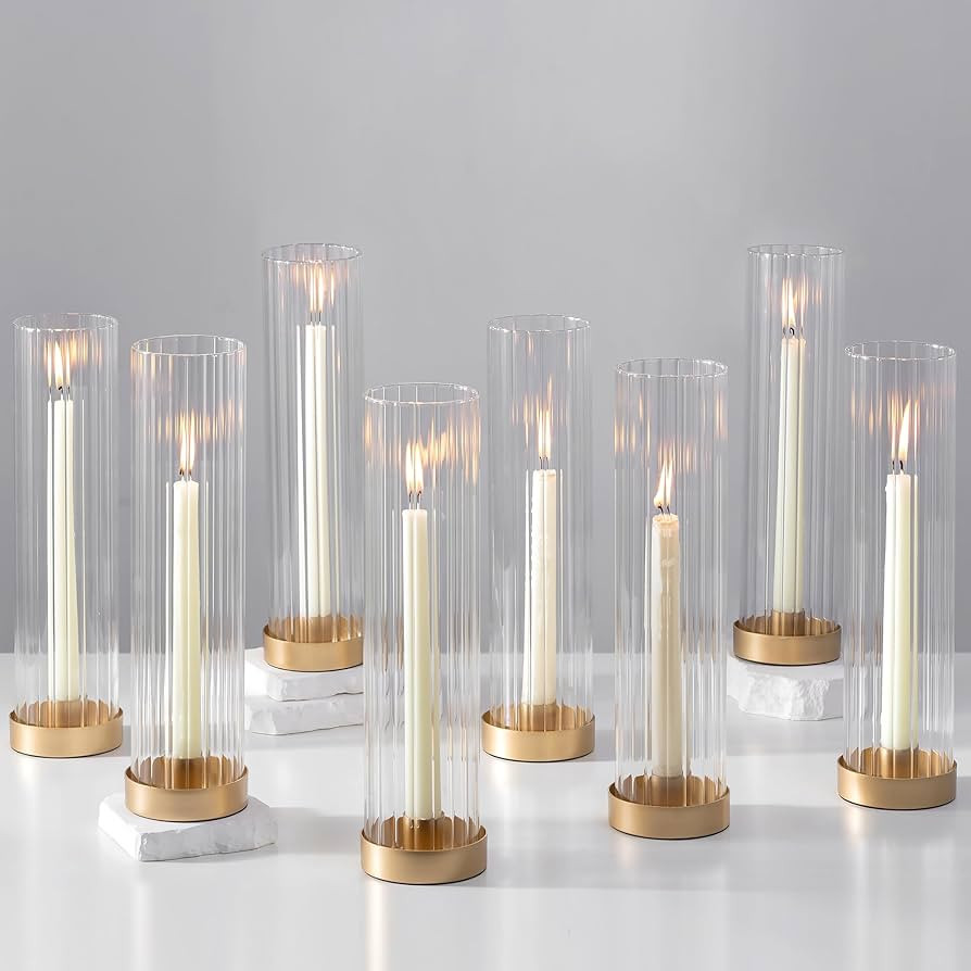 Hewory Hurricane Glass Candle Holders: Set of 8 Gold Candlestick Holders with 11" Tall Clear Cyli... | Amazon (US)
