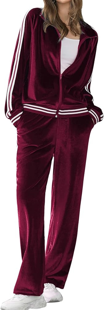 Ekouaer Women's Velvet Velor Tracksuits 2 Piece Lounge Outfits Zip Up Sweatshirt and Sweatpants with | Amazon (US)