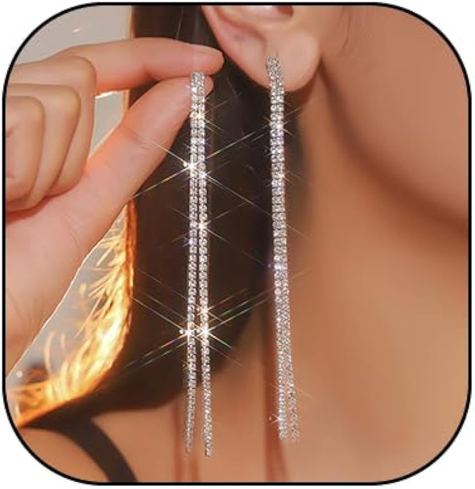 HUJUON Elegant Long Rhinestone Chain Earrings. Punk Double Strand Tassel Line Earrings Minimalism... | Amazon (US)