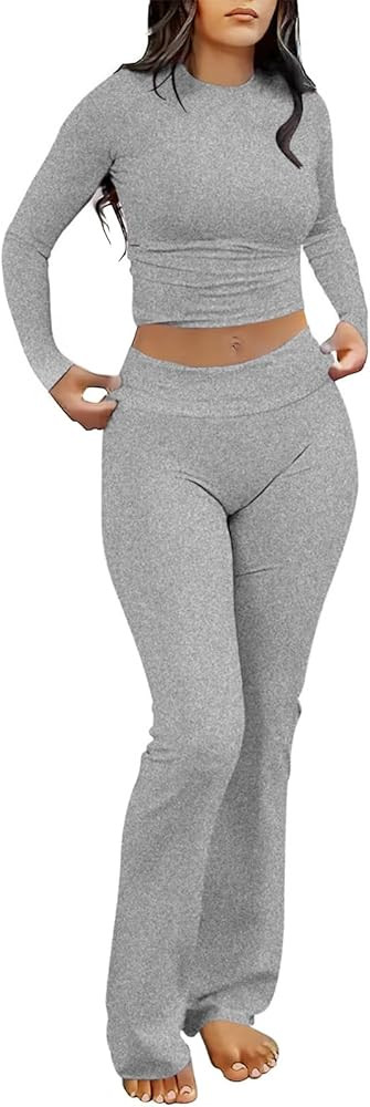 kaimimei Women's 2 Piece Lounge Outfits Slim Long Sleeve Tops High Waist Foldover Flare Leggings ... | Amazon (US)