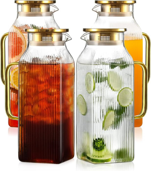 4 Pack 2 Liter/68 oz Square Glass Pitcher with Lid, Classic Stripes Water Pitchers with Handle fo... | Amazon (US)