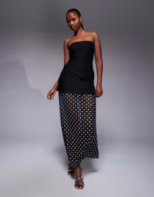 Kaiia exclusive structured bandeau contrast skirt sheer hem maxi dress in black and white polka d... | ASOS (Global)