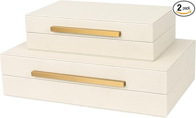 Beige Shagreen Decorative Storage Boxes – Set of 2 Faux Leather Jewelry & Memory Boxes with Gol... | Amazon (US)