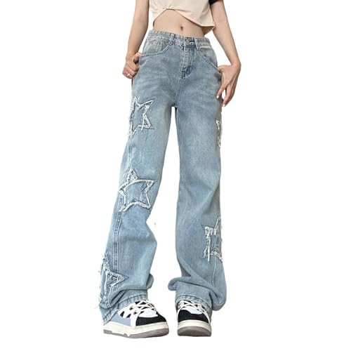 Womens Trendy High Waist Wide Leg Y2K Jeans Aesthetic Star Pants Teen Girls Boyfriend Loose Fit Star Embroidery Jeans Blue | Amazon (US)