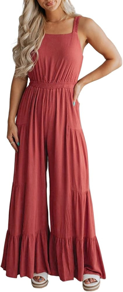 BLENCOT Jumpsuits for Women Summer Casual Loose Sleeveless Overalls Jumpsuit Ruffle Wide Leg Long... | Amazon (US)