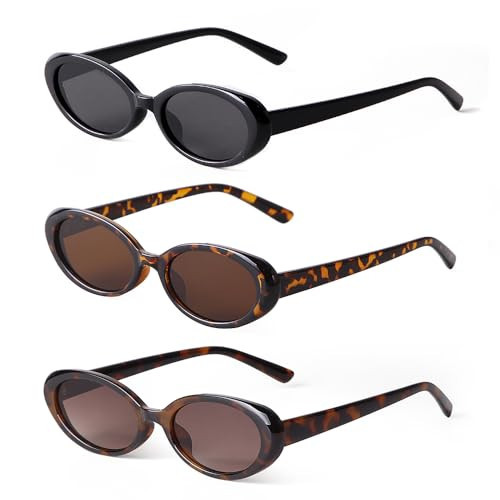 Laurinny Oval Sunglasses for Women Trendy 90s Retro Small Narrow Skinny Sun Glasses Lightweight Vintage Womens Sunnies (3 Pack: Black & Leopard & Trotoise shell) | Amazon (US)