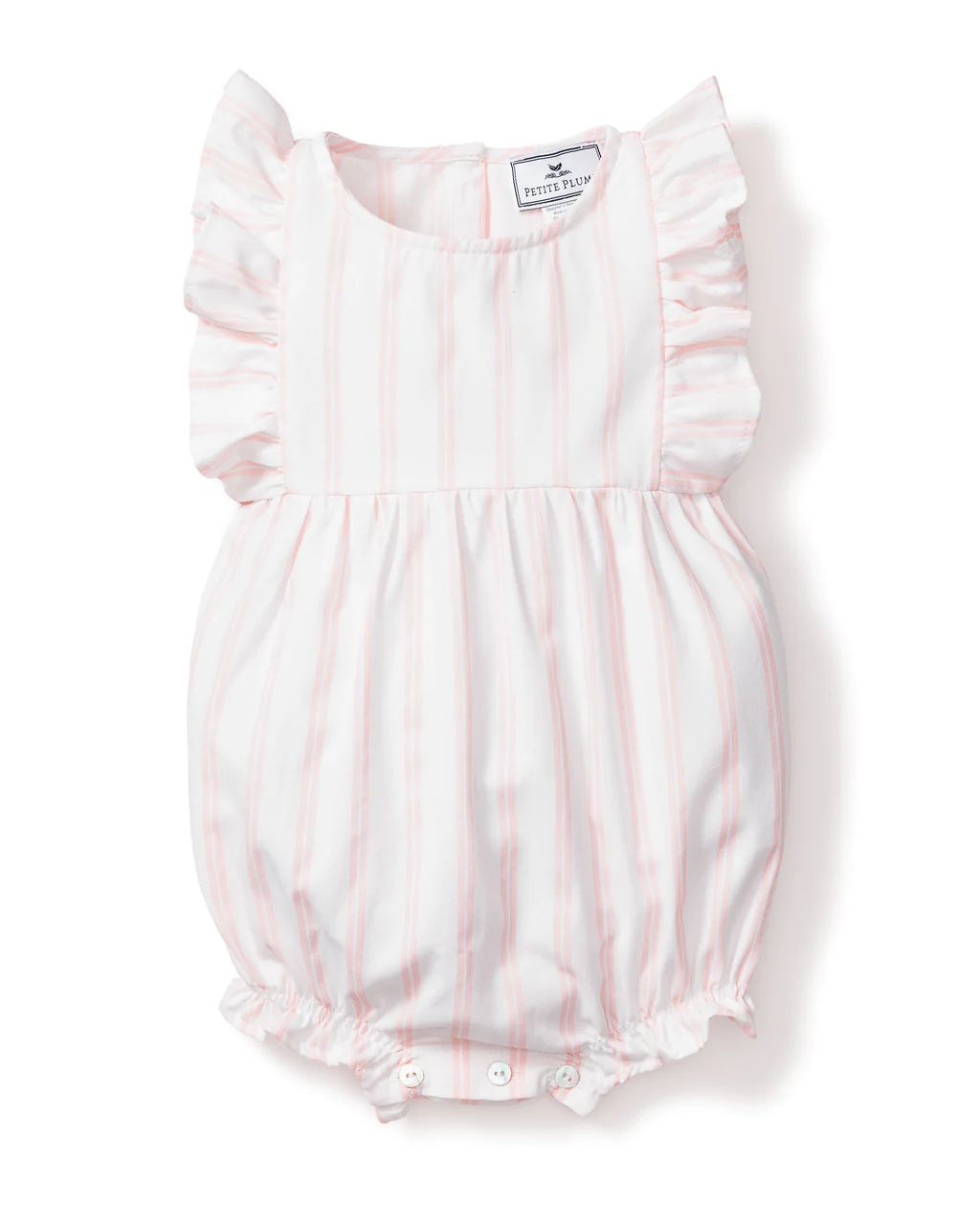 Baby's Twill Stripe Ruffled Romper in Pink and White Stripe | Petite Plume