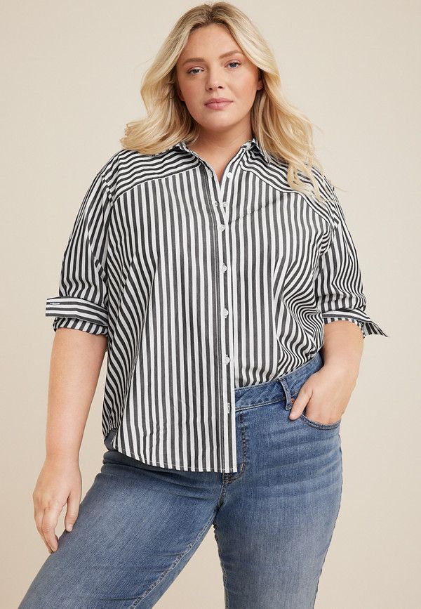 Plus Size 90s Prep Stripe Button Up Shirt | Maurices