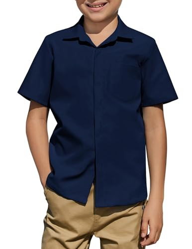 Arshiner Boys Short Sleeve Dress Shirts Solid Button Down Shirts Summer Formal Uniform Shirt with Pocket Navy Blue | Amazon (US)