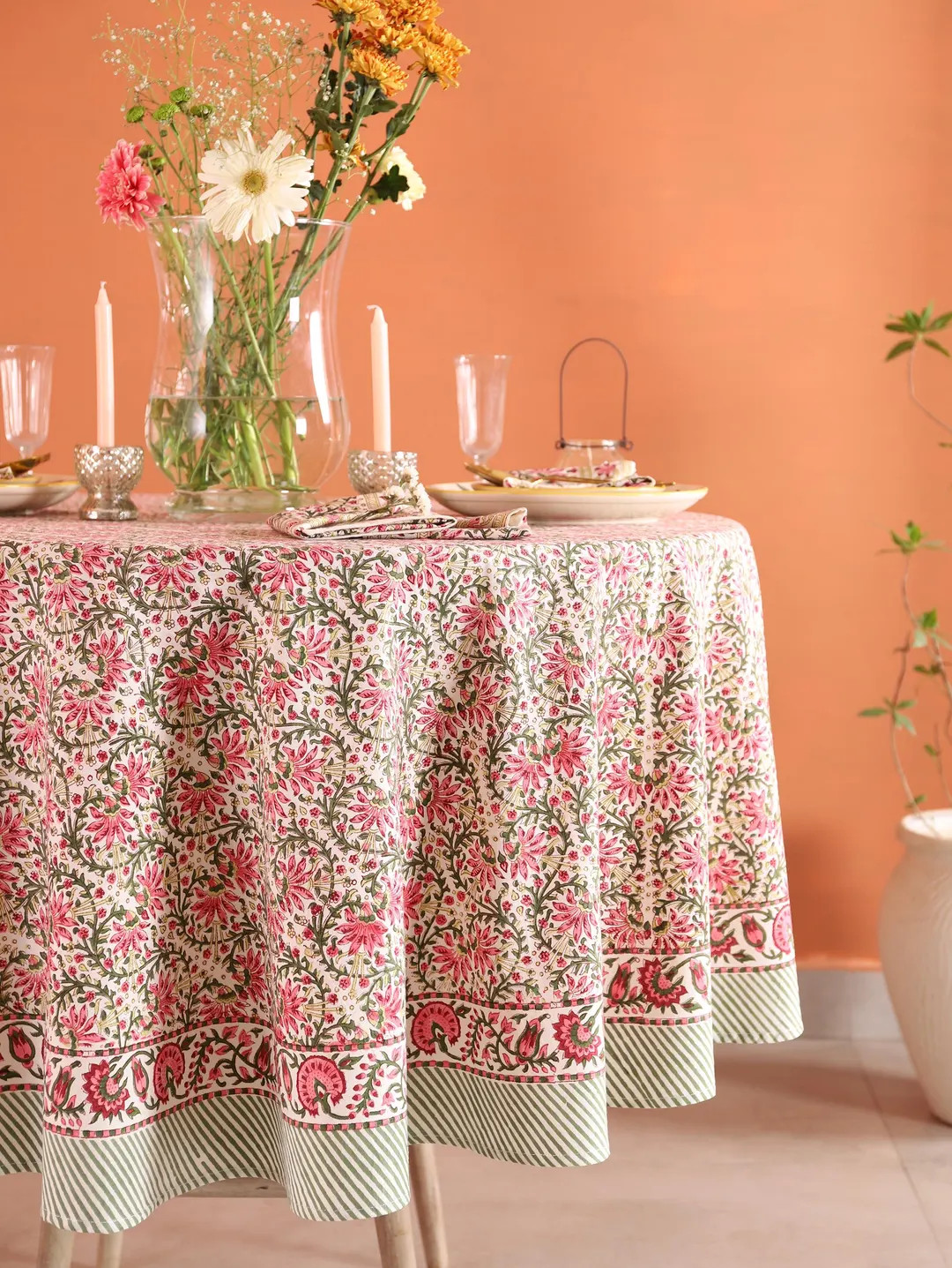 Pink and Green Floral Round Tablecloth, Indian Block Print Round Table Cover, Circle Tablecloth, ... | Etsy (US)