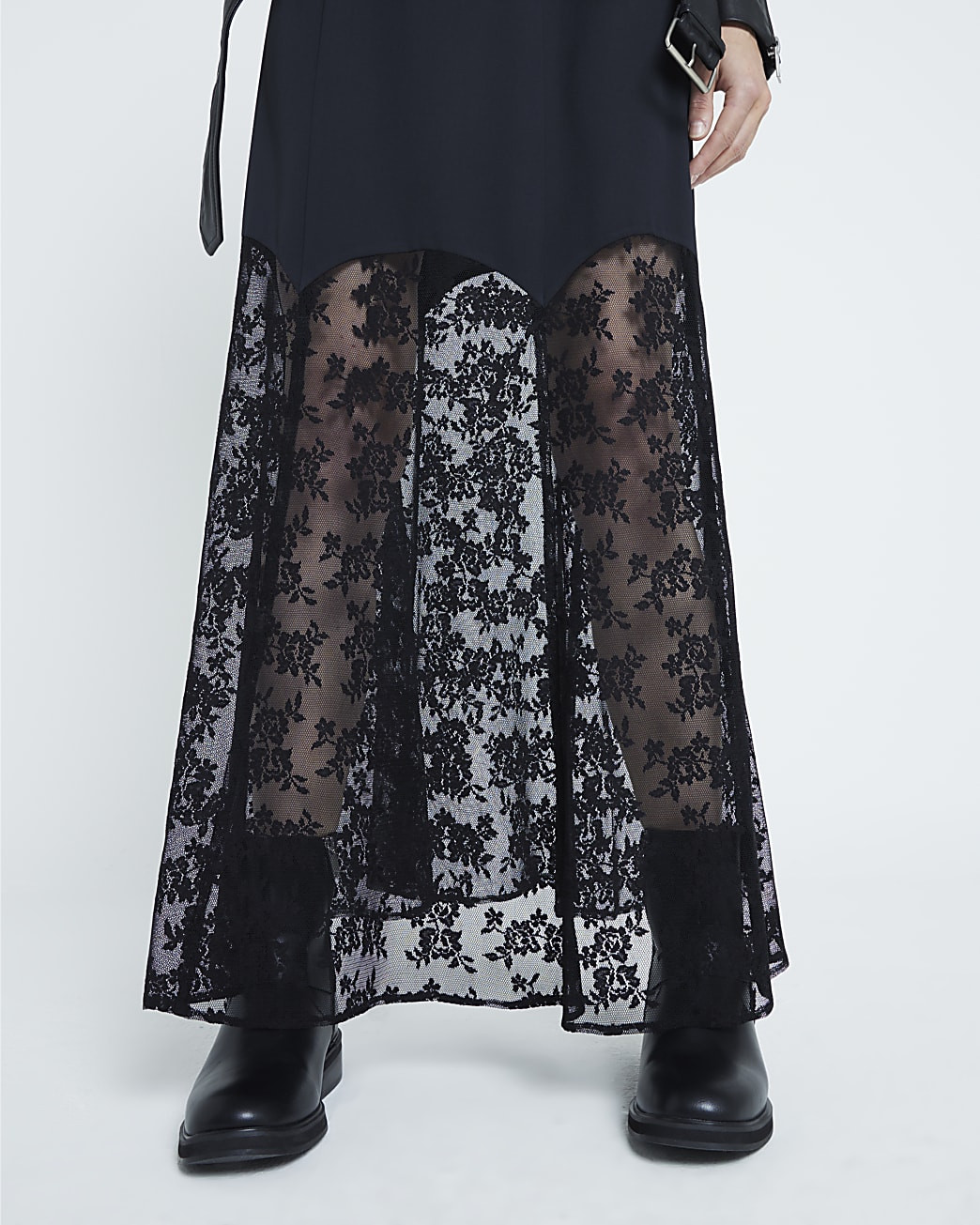 Black Satin Lace Midi Skirt | River Island UK & IE