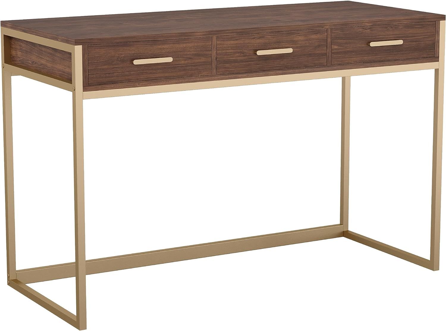 Martha Stewart Ollie Home Office Desk with 3 Drawers in Walnut Wood Grain with Polished Brass Har... | Amazon (US)