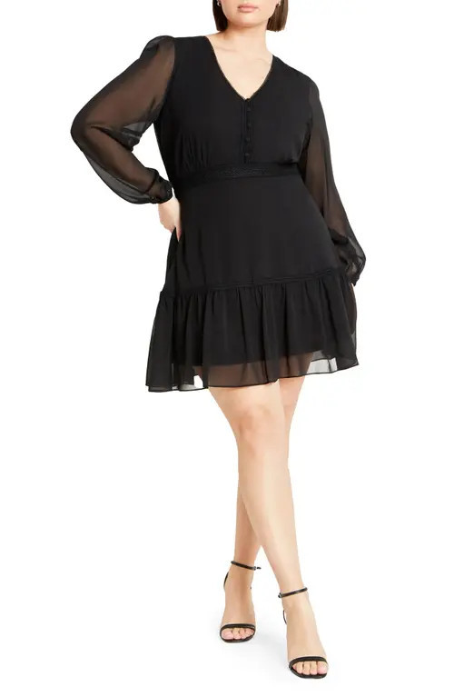 City Chic Navy Embroidered Sheer Balloon Sleeve Dress in Black at Nordstrom | Nordstrom