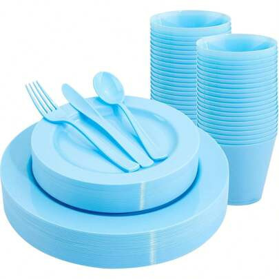 150 Resuable Pieces Blue Plastic Plates - Blue Dinnerware Set Include 25 Dinner Plates 25 Salad Plates 25Forks 25Knives 25Spoons 25Clear Blue Cups For | SHEIN