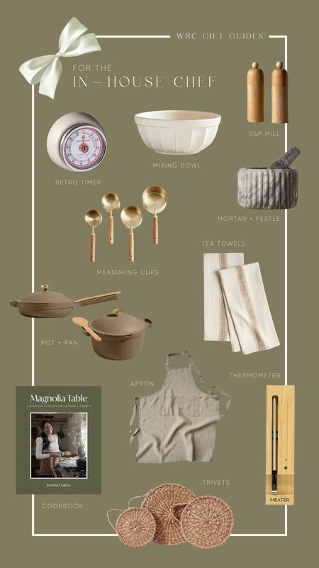 Gift guide for the chef in your life on your list. Salt and pepper mill, ceramic mixing bowl, retro timer, brass measuring cups, mortar and pestle, Our Place pot and pan, linen apron, tea towels, Magnolia Table cookbook, wicker trivets, Meater thermometer 

#LTKGiftGuide #LTKSeasonal #LTKHolidaySale