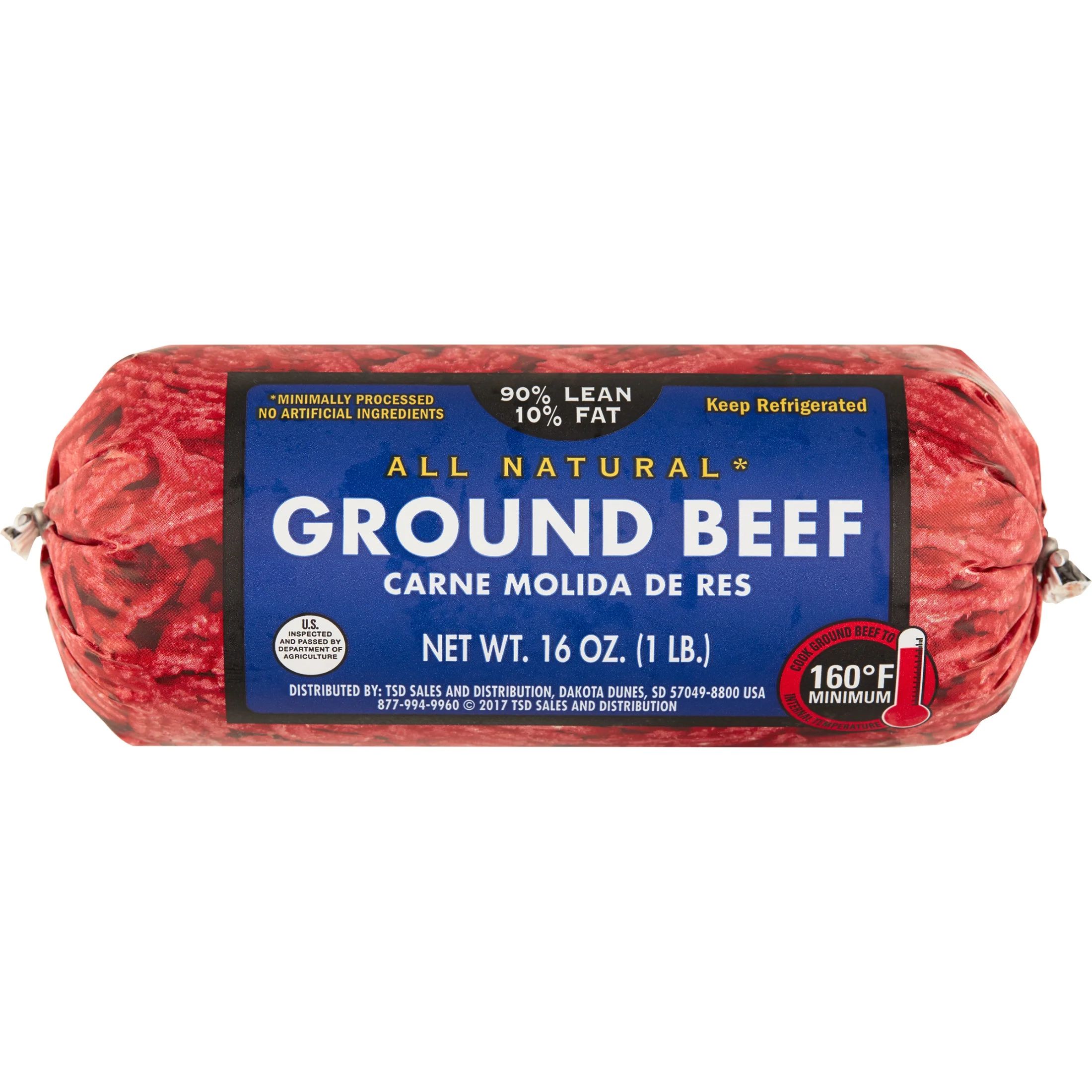 All Natural* 90% Lean/10% Fat Ground Beef, 1 lb Roll | Walmart (US)