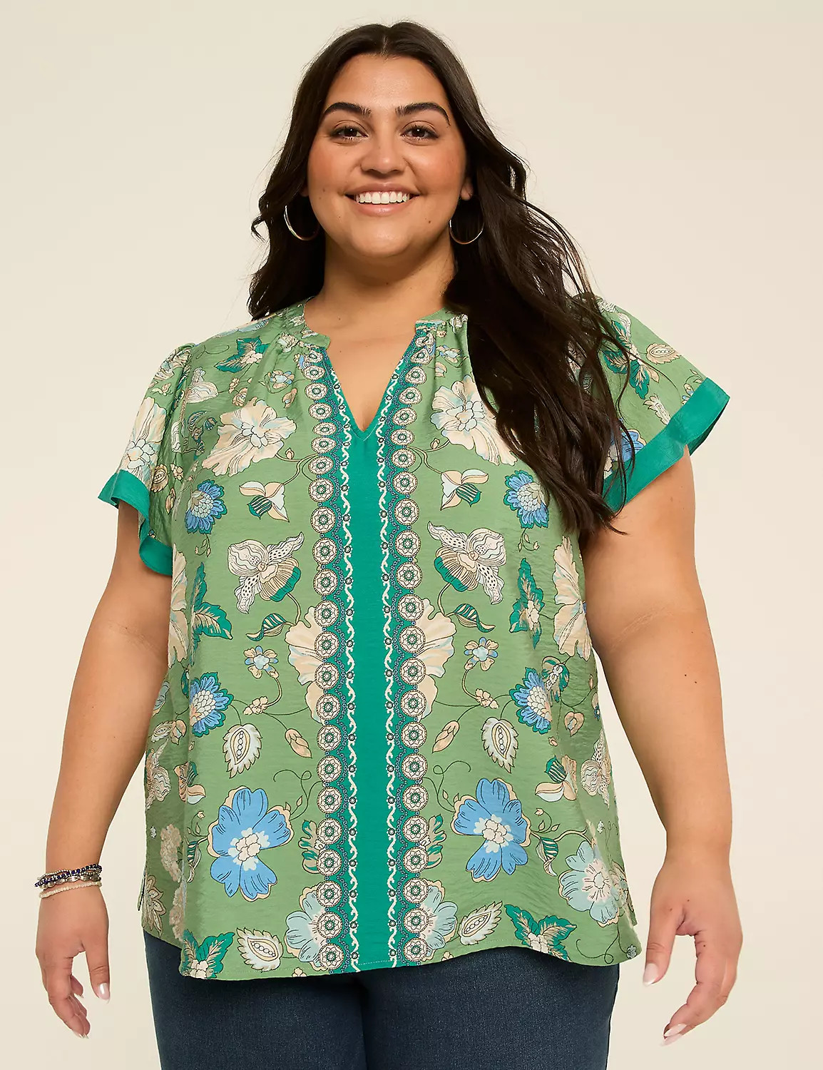 Short-Sleeve Ruffle Neck Popover Top | LaneBryant | Lane Bryant (US)
