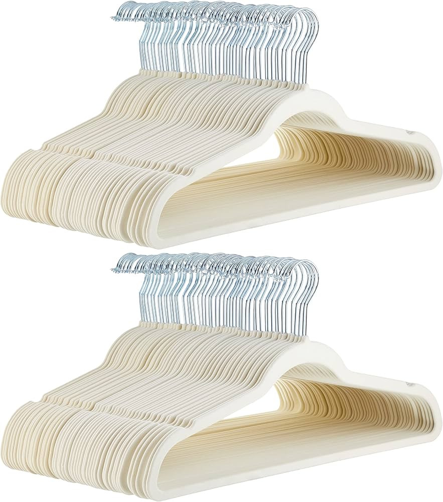 Amazon Basics Slim, Velvet, Non-Slip Suit Clothes Hangers, Pack of 100, Ivory/Silver | Amazon (US)