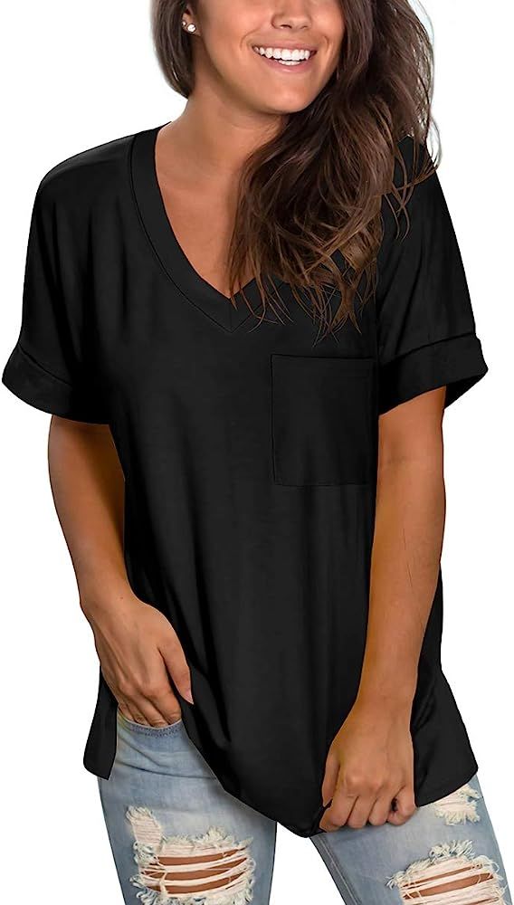 SAMPEEL Women's V Neck T Shirts Short Sleeve Summer Tops with Pocket | Amazon (US)