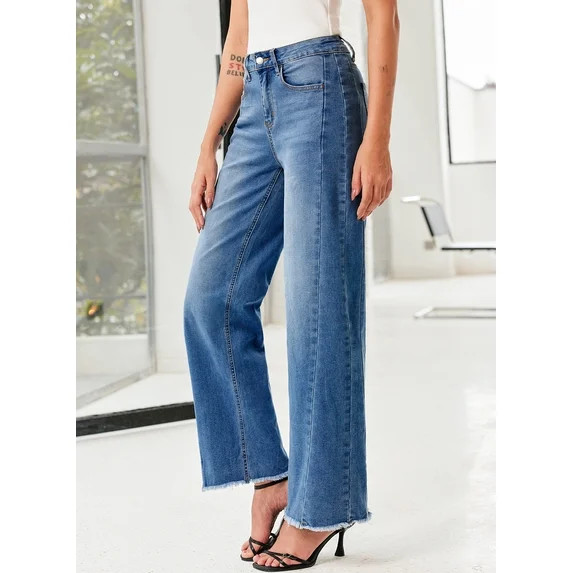 DOKOTOO Women's Wide Leg Jeans High Waisted Loose Fit Strechy Comfort Raw Hem Frayed Denim Pants | Walmart (US)