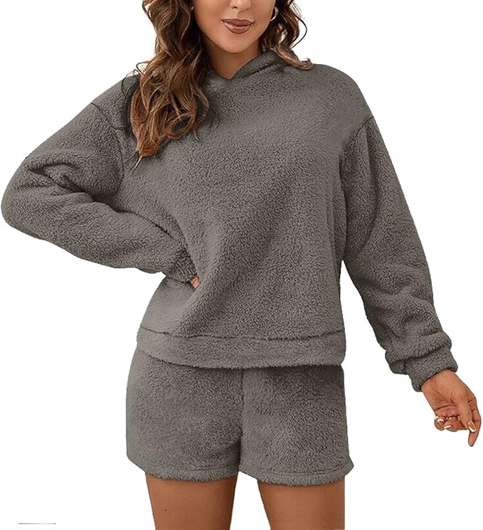 SIAEAMRG Womens Fuzzy Sherpa Fleece Pajamas Set, Long Sleeve Hoodies Pajama Pants 2 Piece Outfits... | Amazon (US)