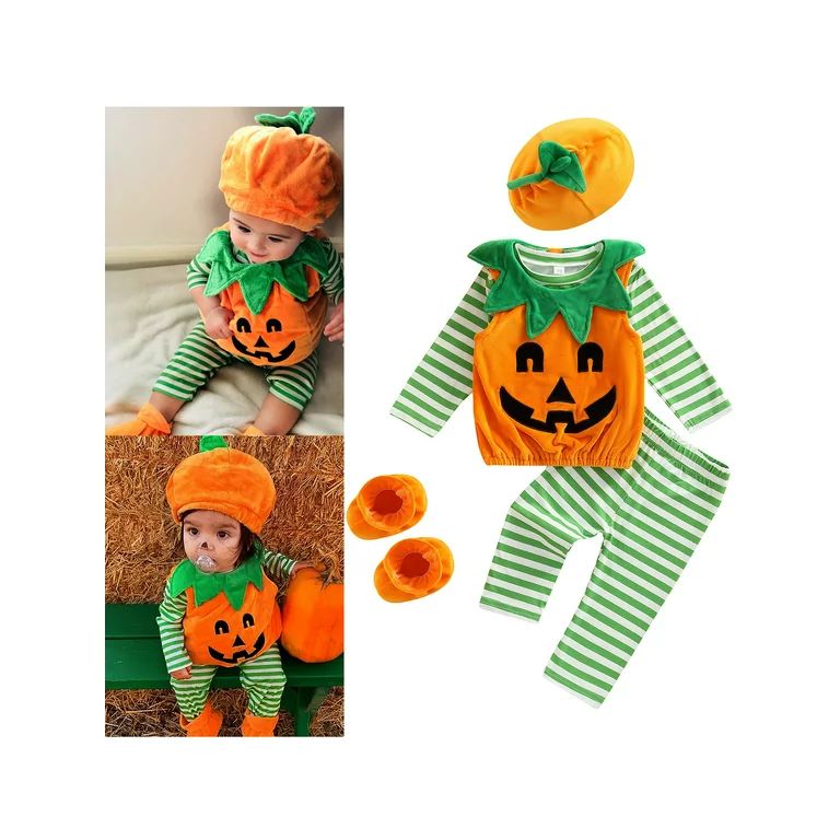4Pcs Halloween Costumes for Toddler Baby, Pumpkin Romper Stripe Long Sleeve Tops Long Pants Hat S... | Walmart (US)