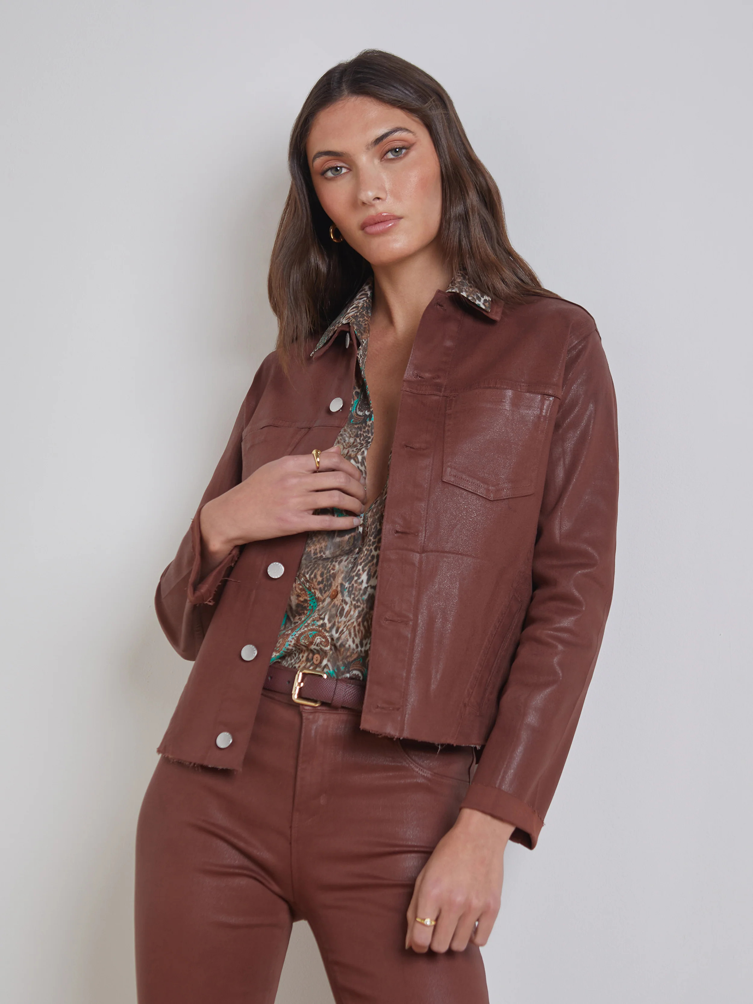 L'AGENCE Janelle Coated Jacket in Dark Cinnamon Coated | L'Agence