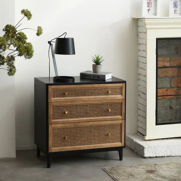 COZAYH Woven Cane Front Accent Nightstand with Brass Knobs , Accent Dresser - 3-drawer | Bed Bath & Beyond