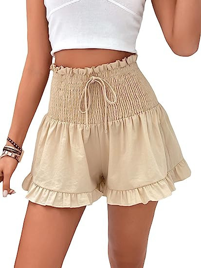 MakeMeChic Women's Casual Summer Shorts Shirred High Waist Tie Front Ruffle Hem Wide Leg Shorts | Amazon (US)