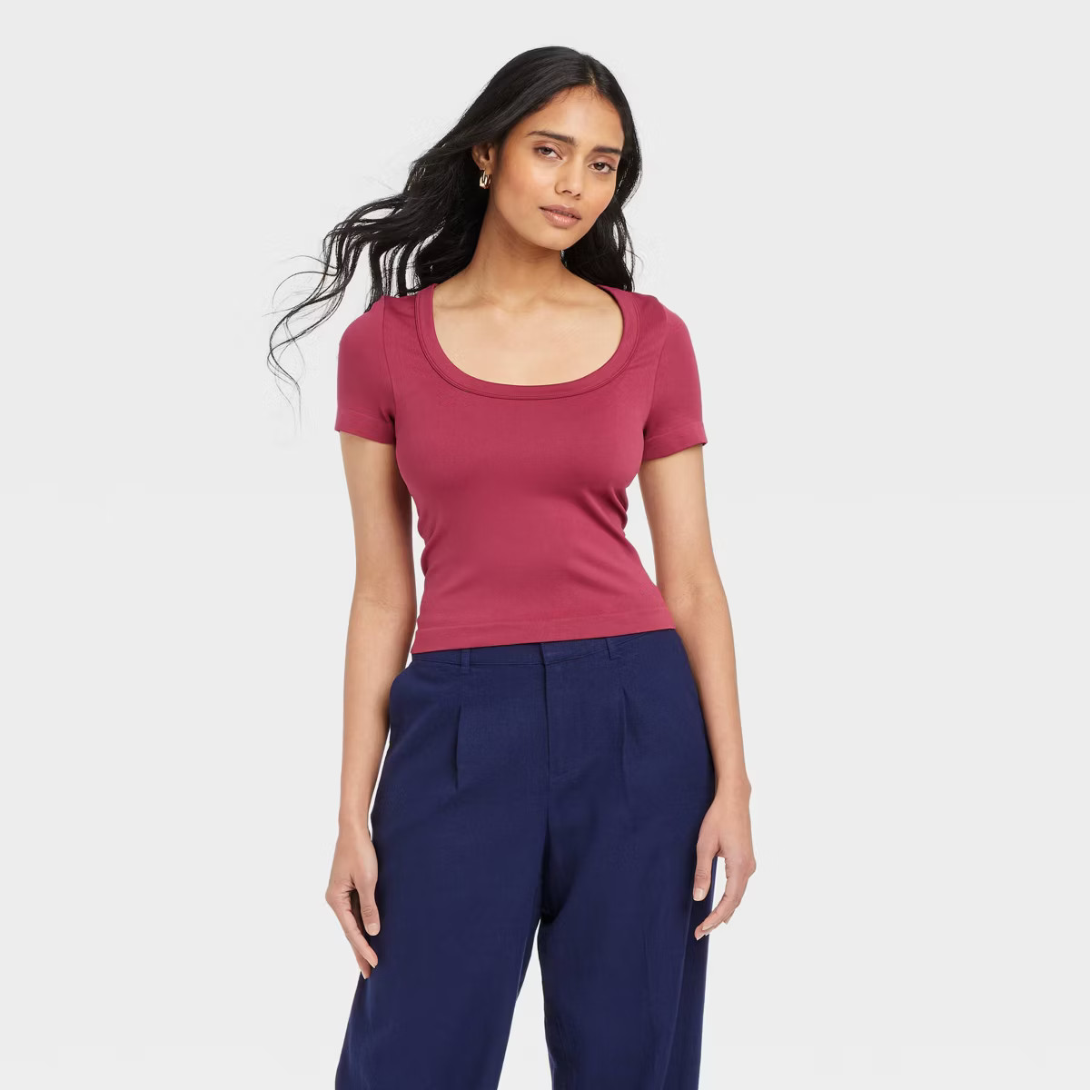 Women's Slim Fit Seamless Short Sleeve Square Neck Baby T-Shirt - A New Day™ Dark Pink | Target