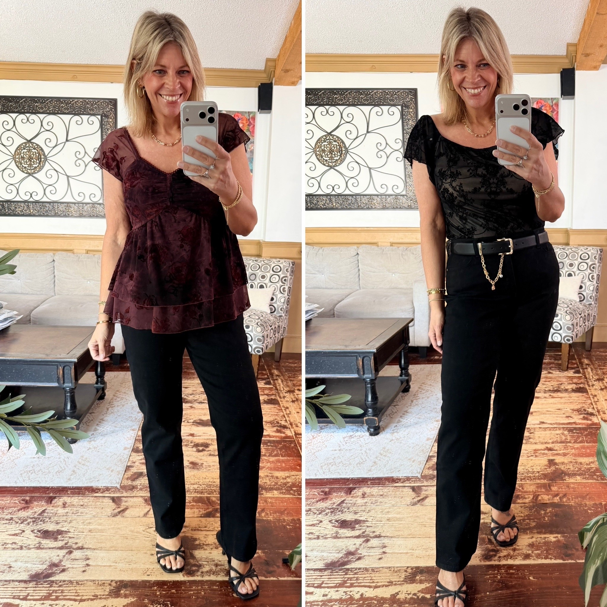 Romantic style velvet detail summer tops size 10 in each; jeans size 12
Date night outfit

#LTKOver40 #LTKMidsize #LTKootd