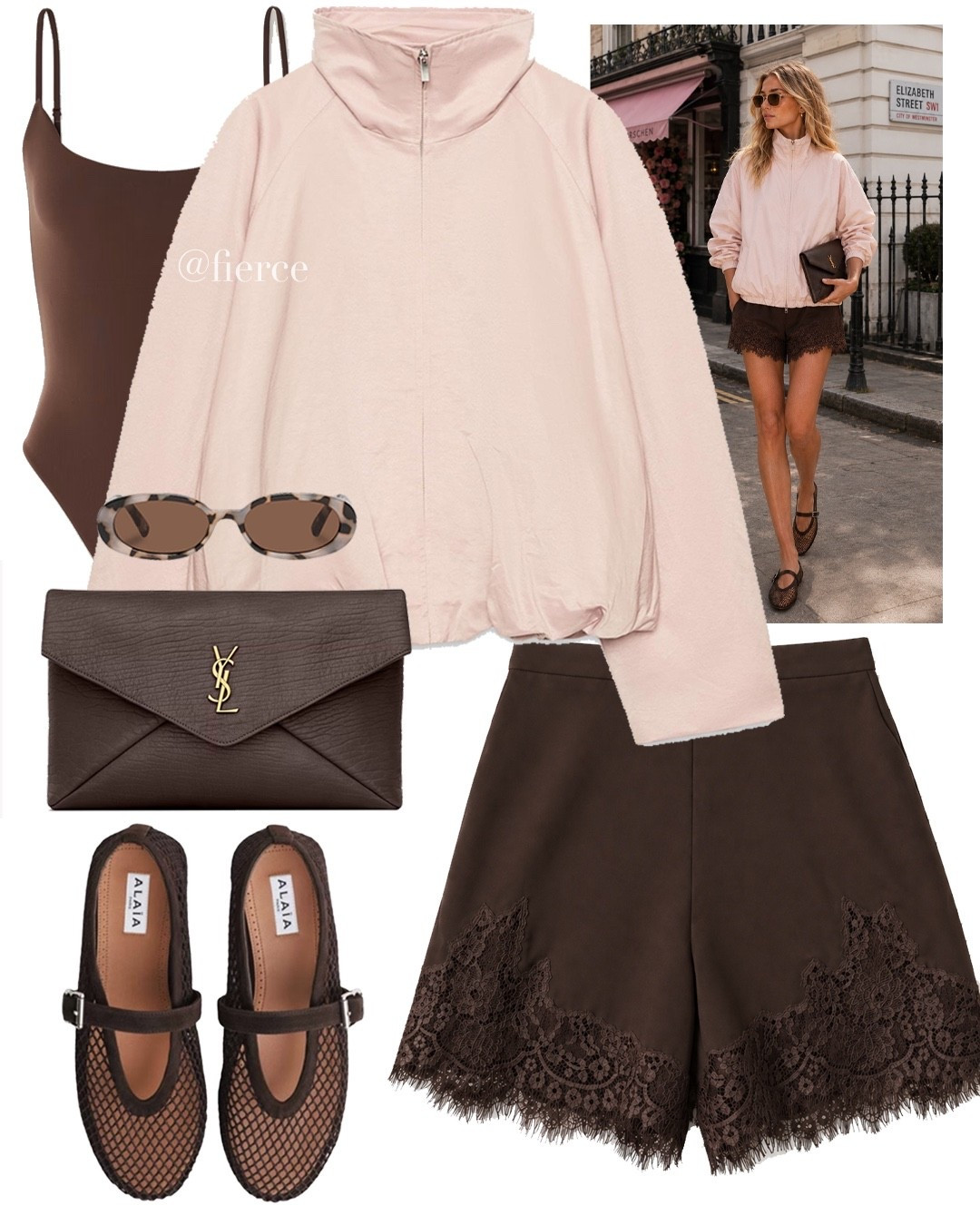 Pink jacket chocolate brown lace shorts fishnet ballet flats Ysl chocolate brown clutch bag

#LTKuk #LTKsummer #LTKautumn