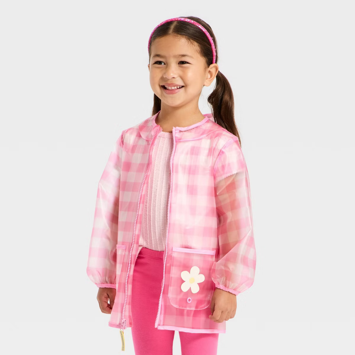 Baby Girls' Gingham Daisy Clear Rain Jacket - Cat & Jack™ Pink 12M | Target