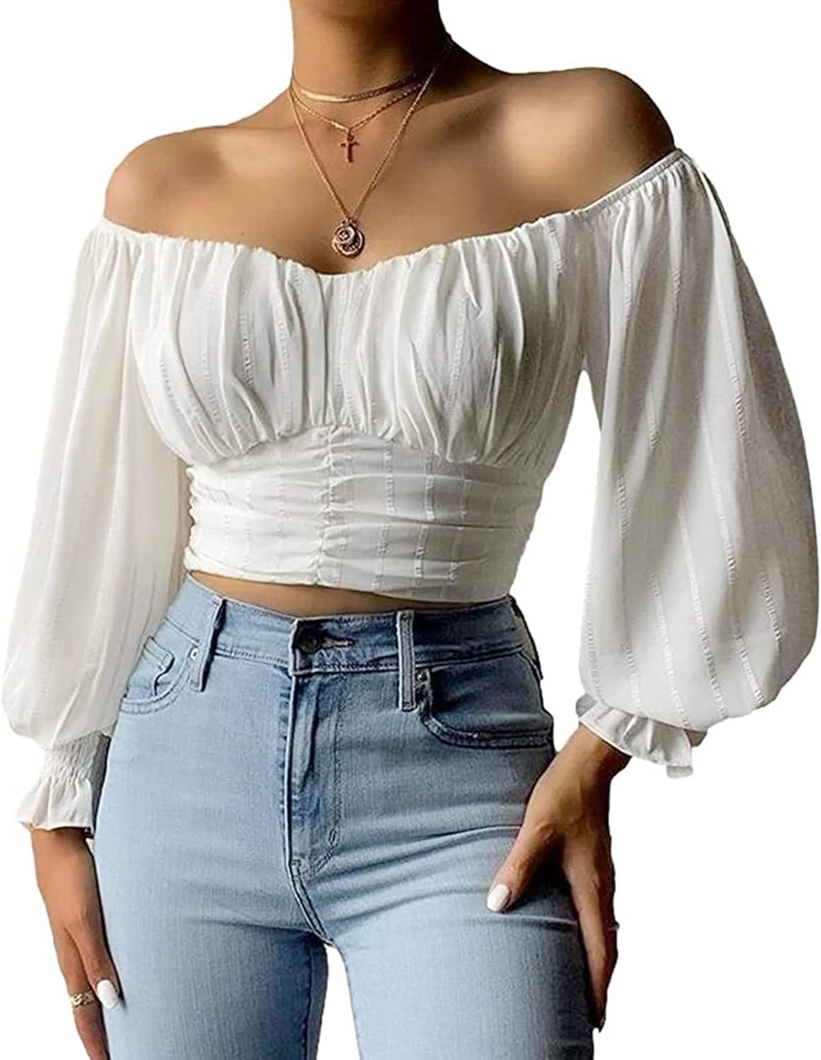 MIRACMODA Womens Elegant Off The Shoulder Puff Sleeve Blouse Summer Chiffon Slim Fit Party Crop T... | Amazon (US)