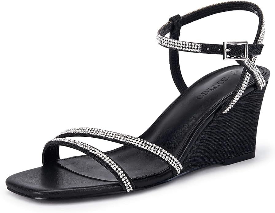 Coutgo Women's Wedge Sandals Open Toe Sparkly Rhinestone High Heels Ankle Strap Dress Wedding Par... | Amazon (US)