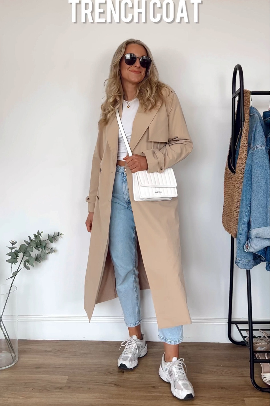 Classic spring outfit idea - beige trench coat,  classic plain white tee, light blue wash mom jeans , new balance 530 white and silver and a white leather carvela crossbody handbag 

#LTKeurope #LTKSeasonal #LTKunder50