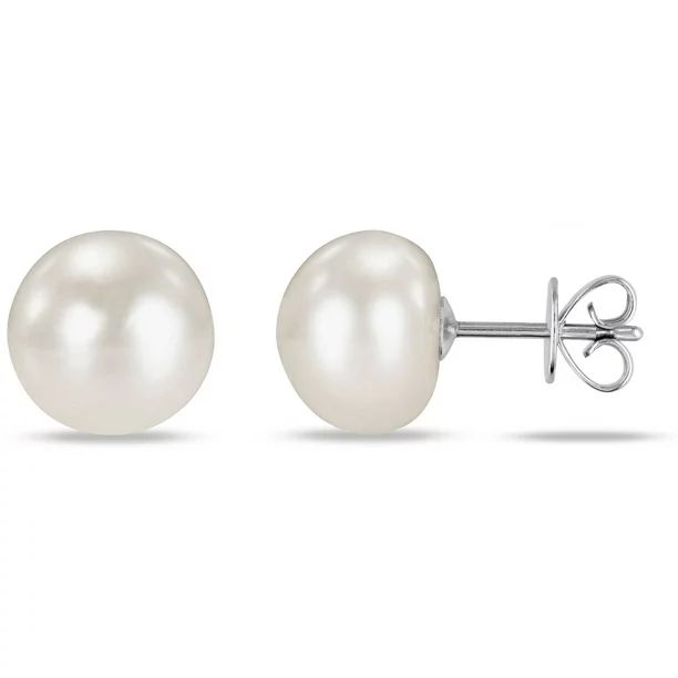 9-10mm White Button Cultured Freshwater Pearl 14kt White Gold Stud Earrings | Walmart (US)