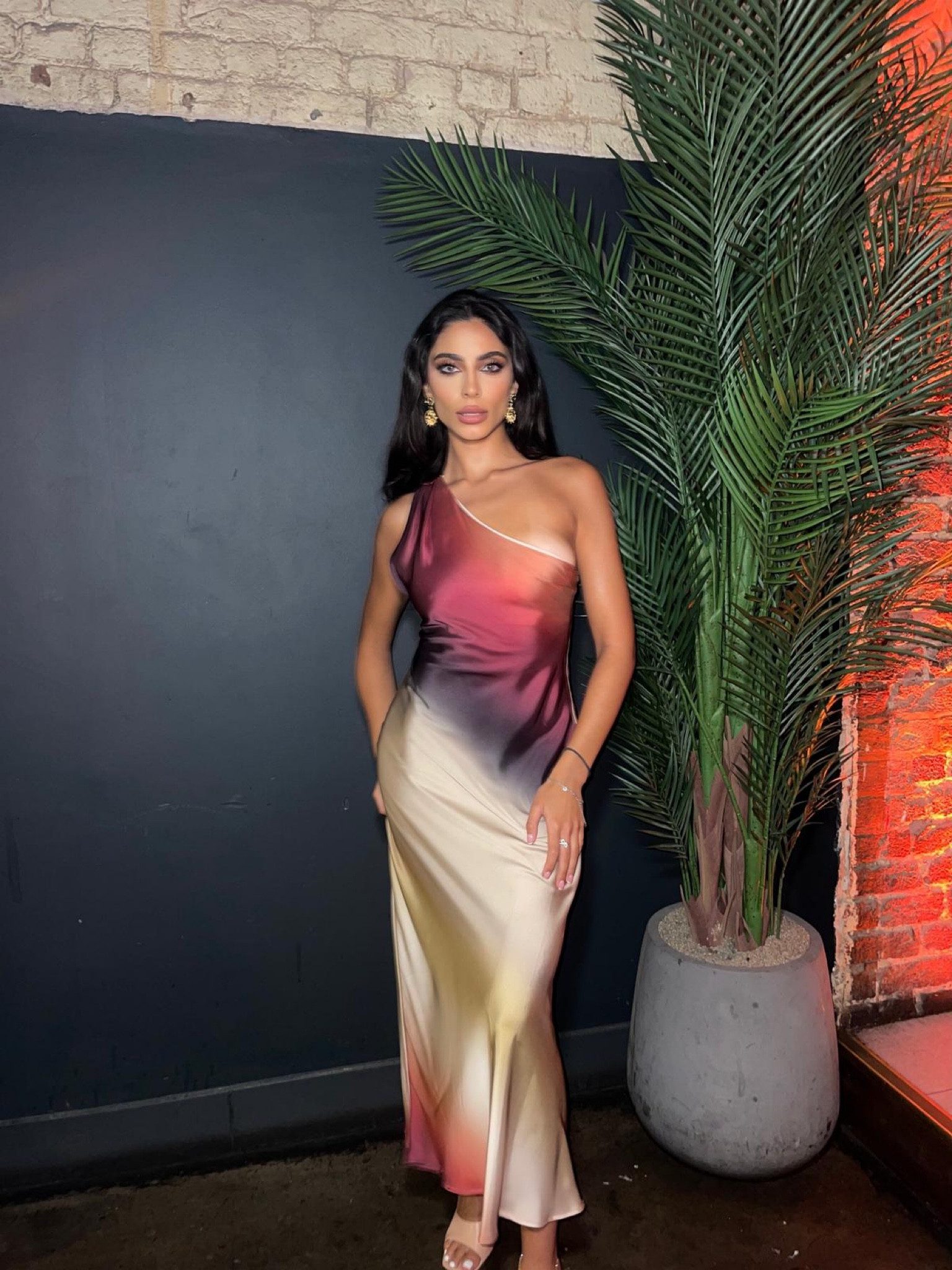 One shoulder Saint dress, maxi dress, ombré dress, tie dye, gold statement drop earrings, nude mules, heeled sandals, date night outfit, holiday outfit inspo, dinner dress 

#LTKeurope #LTKstyletip #LTKSeasonal