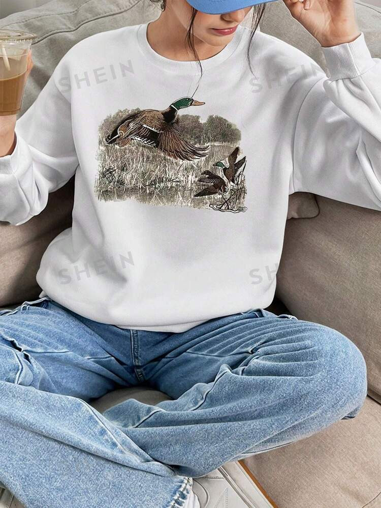 SHEIN EZwear Women Casual Everyday Duck Print Fleece Crew Neck Loose Sweatshirt, Autumn | SHEIN
